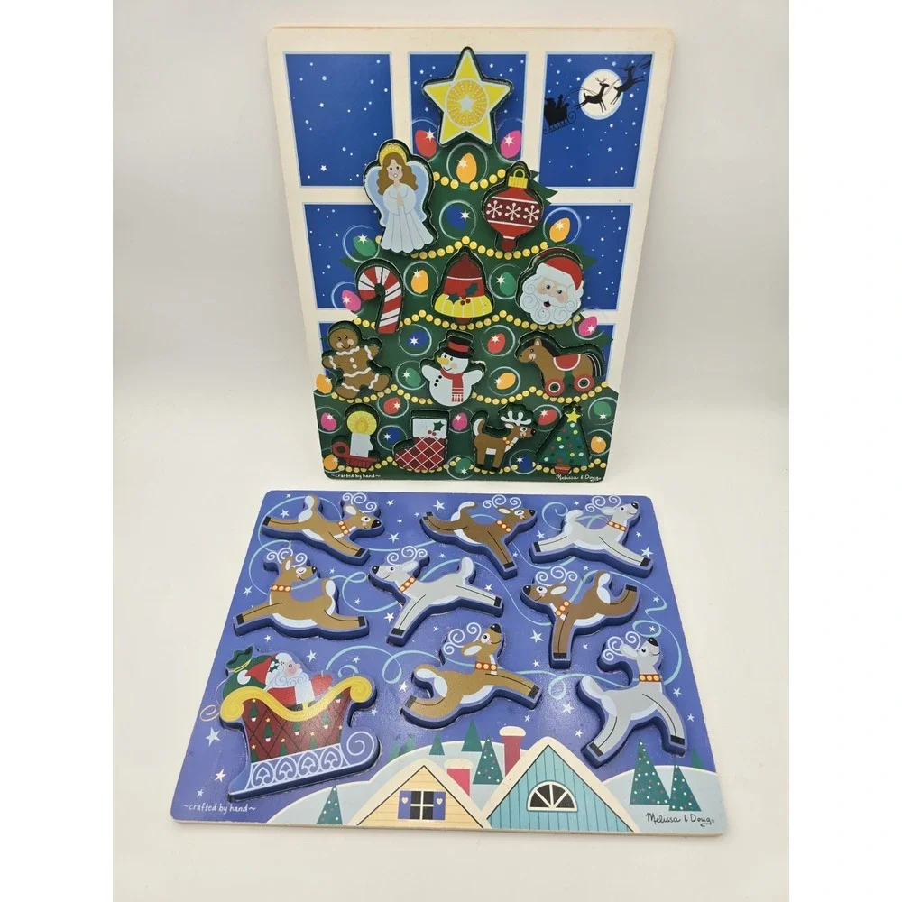 2 Melissa & Doug Chunky Puzzle Christmas Tree Santa Reindeer Preschool Wooden